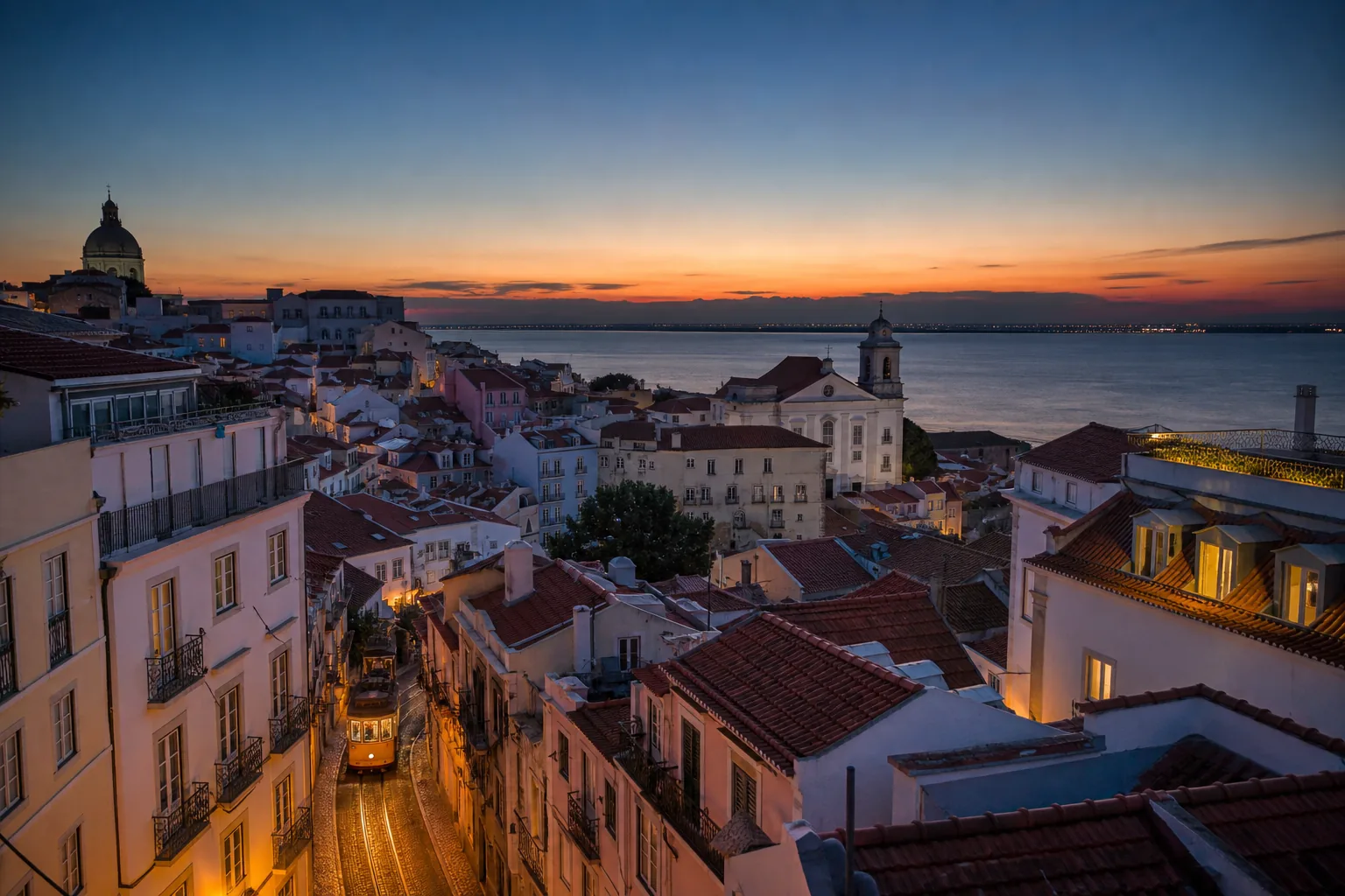 Toits de Lisbonne et Tage au crépuscule