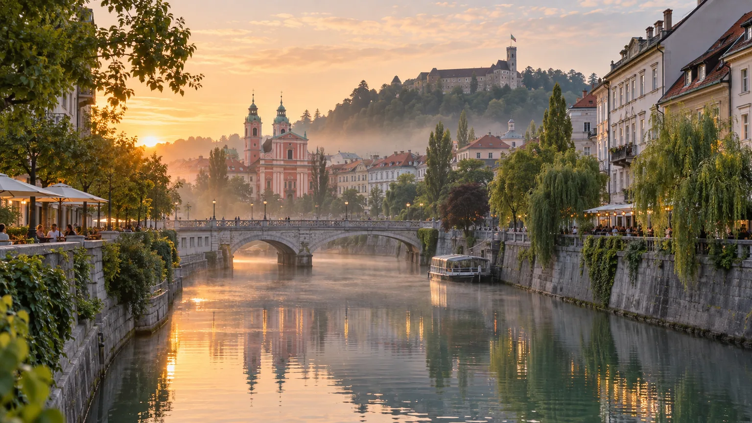 Ljubljana au lever du jour entre rivière, ponts et château