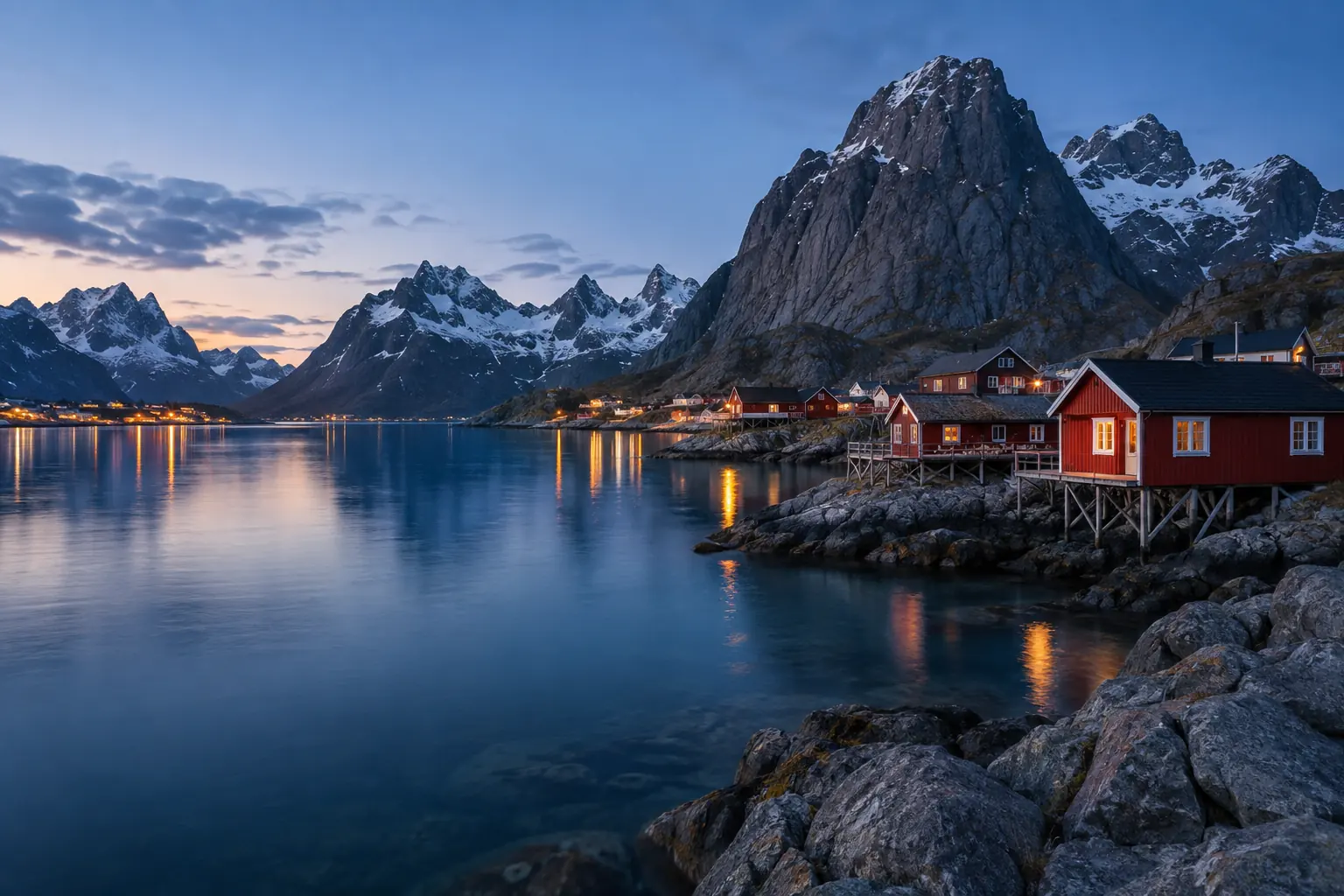 Cabanes rouges et montagnes des Lofoten reflétées dans un fjord à l’heure bleue