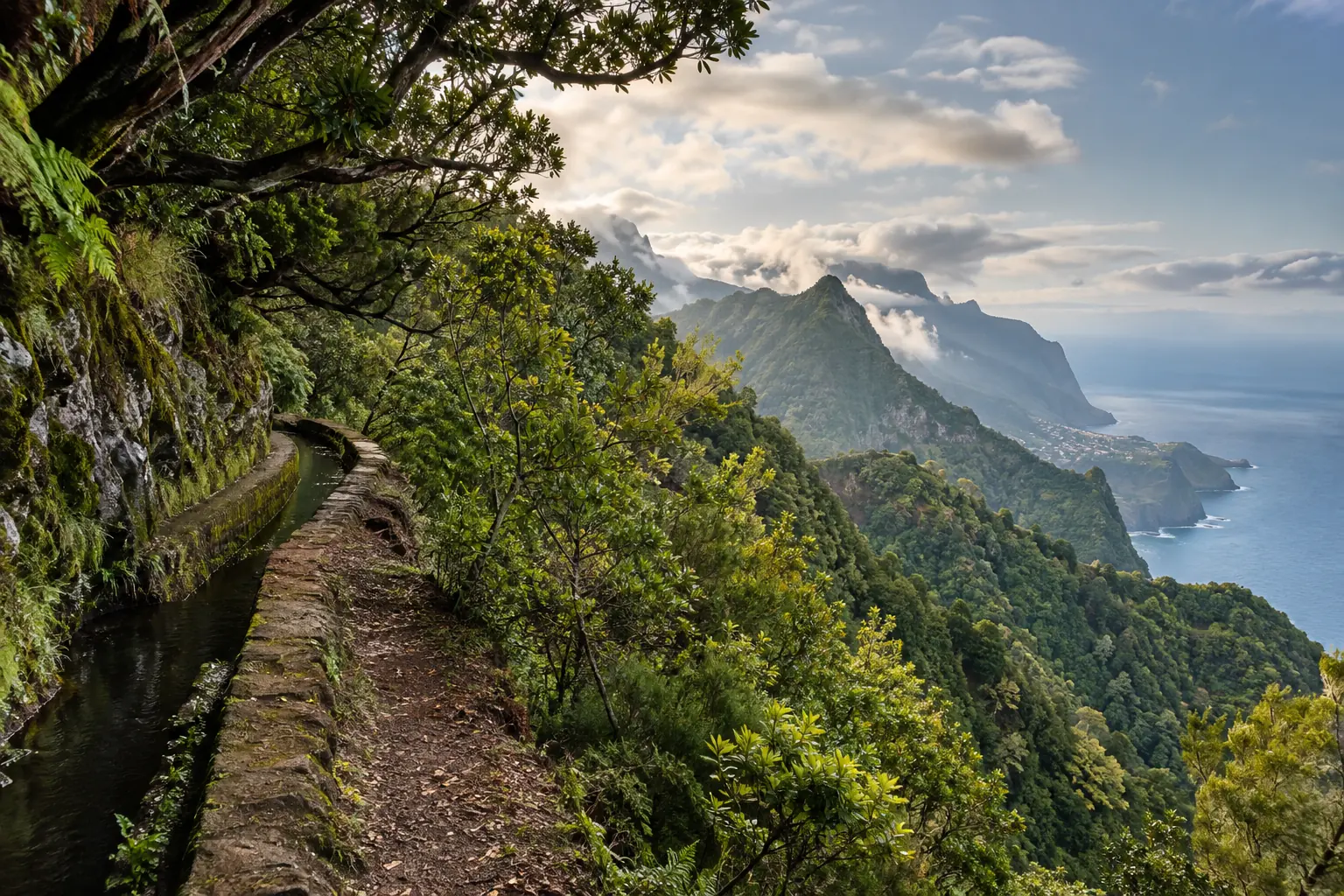 Levada traversant la laurisylve de Madère vers une crête dominant l’Atlantique