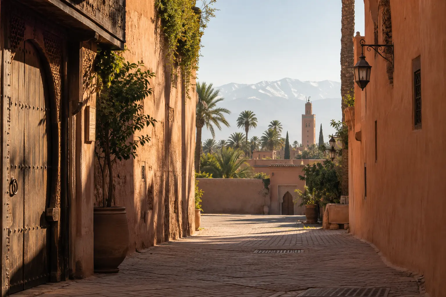 Ruelle ocre et cour arborée de la médina de Marrakech au petit matin