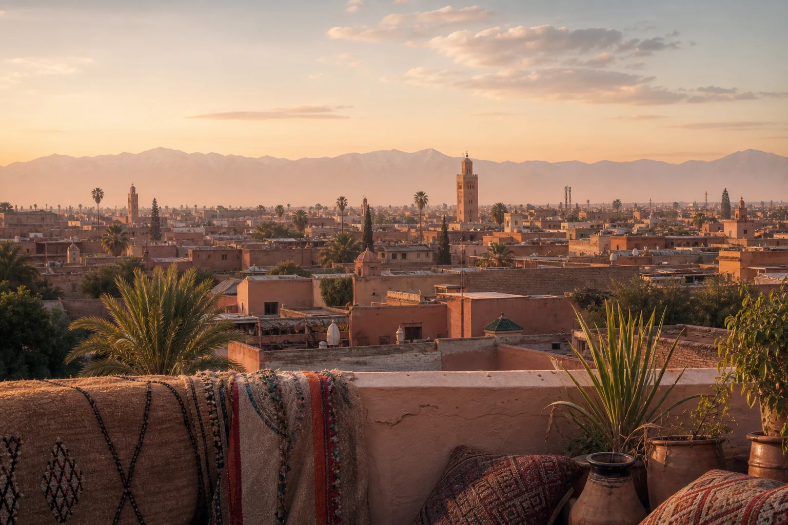 Toits et minaret de Marrakech au coucher du soleil