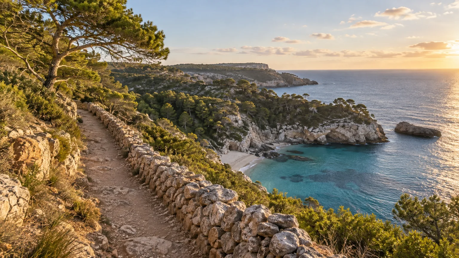 Sentier du Camí de Cavalls longeant une crique turquoise et des pins à Minorque