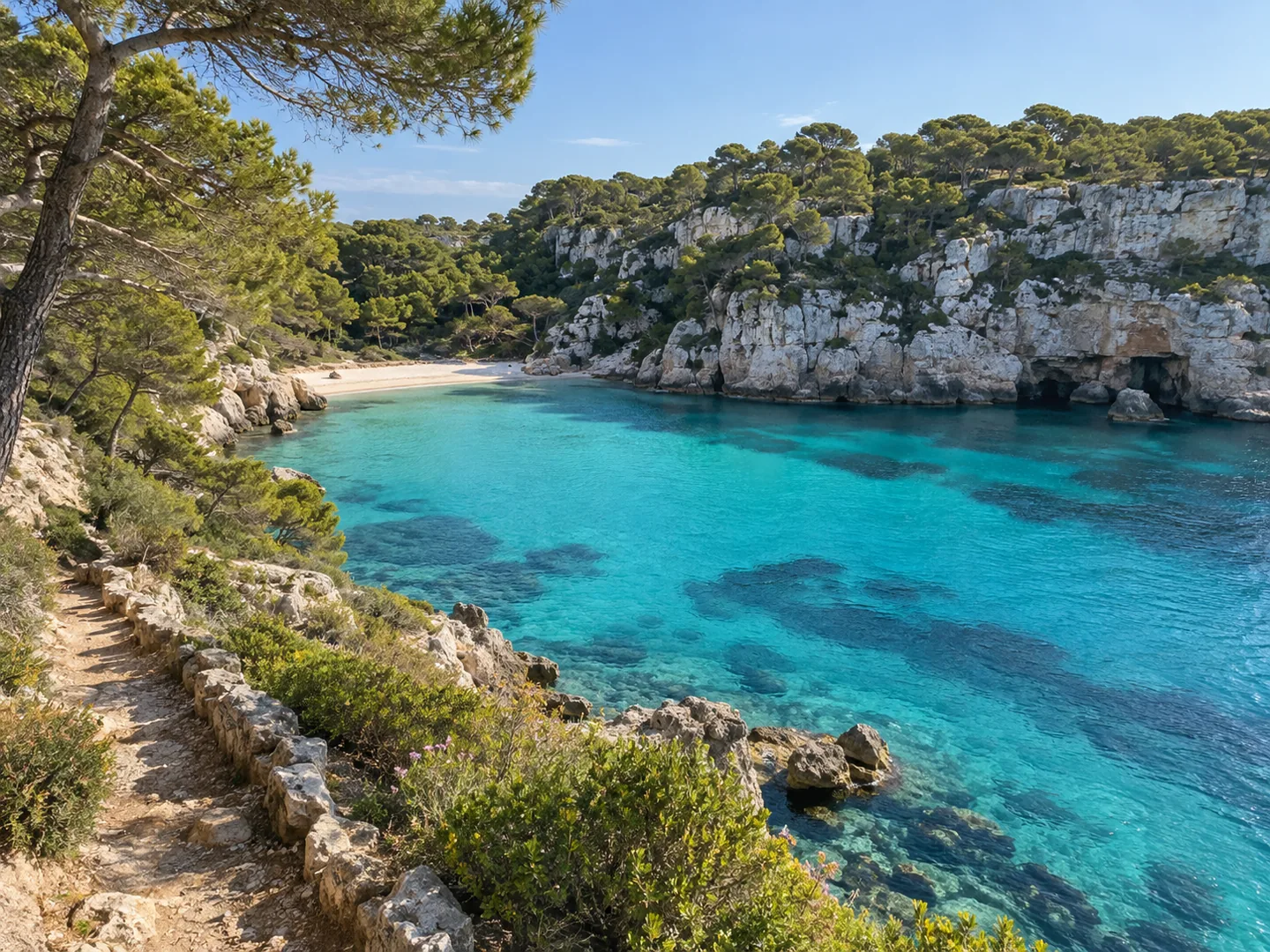 Crique aux eaux turquoise bordée de pins à Minorque