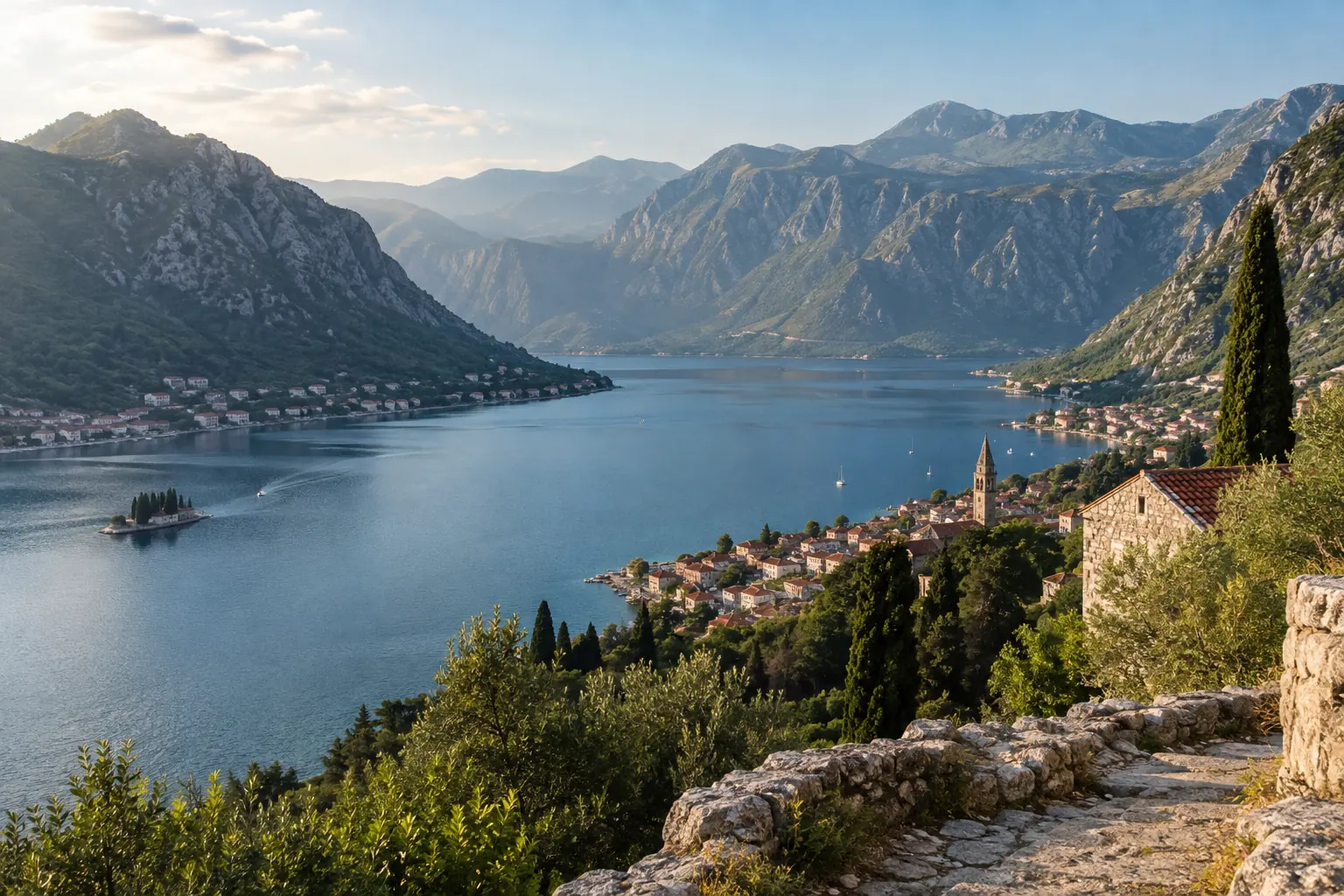 Bouches de Kotor entre village de pierre, eau calme et montagnes du Monténégro