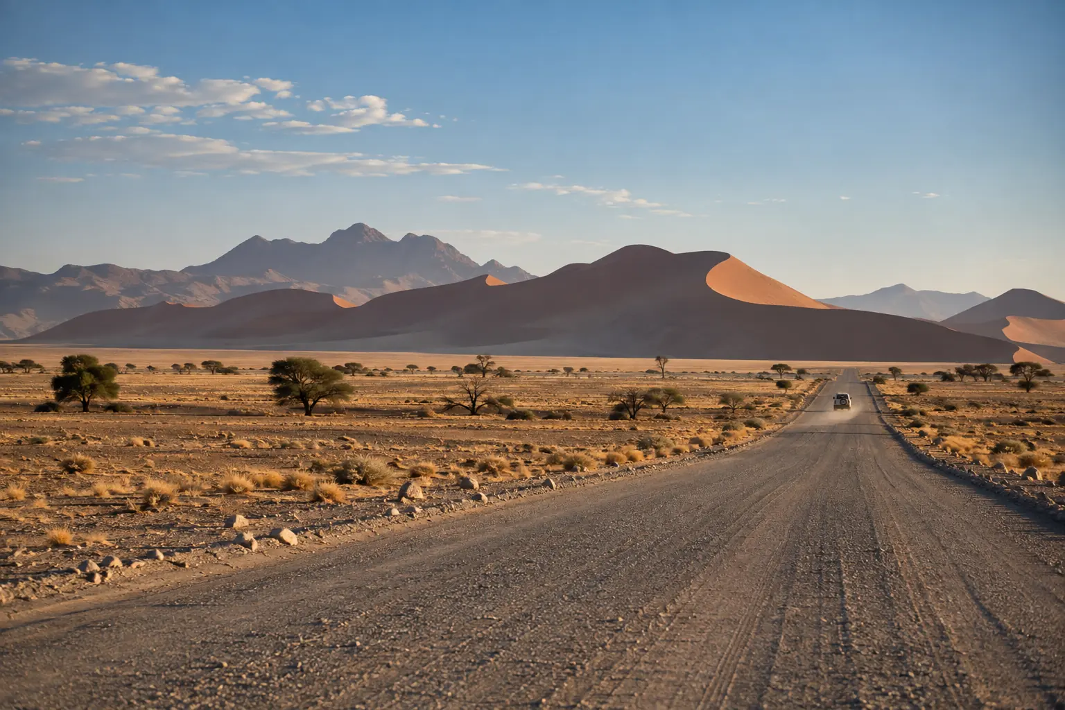 Piste de gravier traversant le désert du Namib vers les dunes rouges