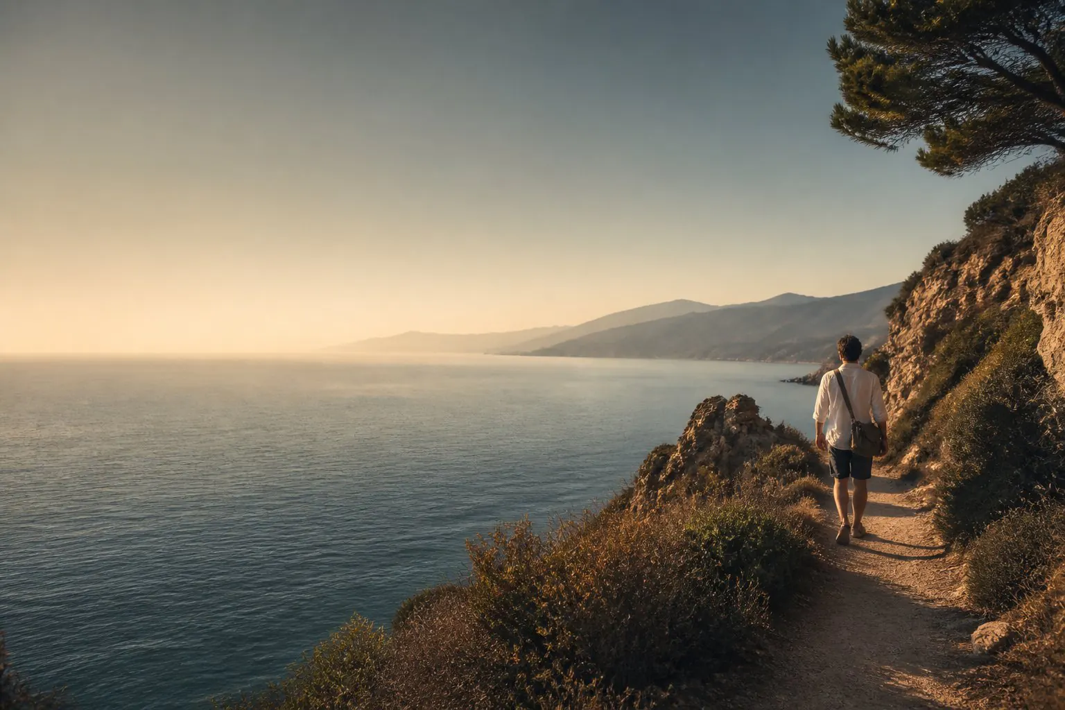 Voyageur sur un sentier côtier au coucher du soleil