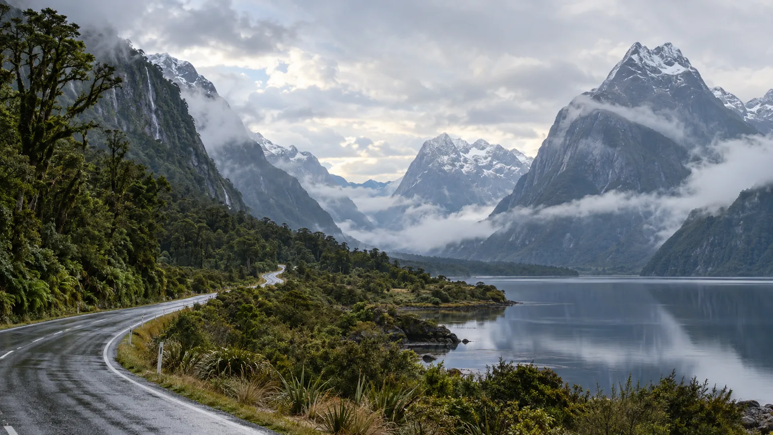 Route du Fiordland entre forêt, lac et montagnes de l’île du Sud