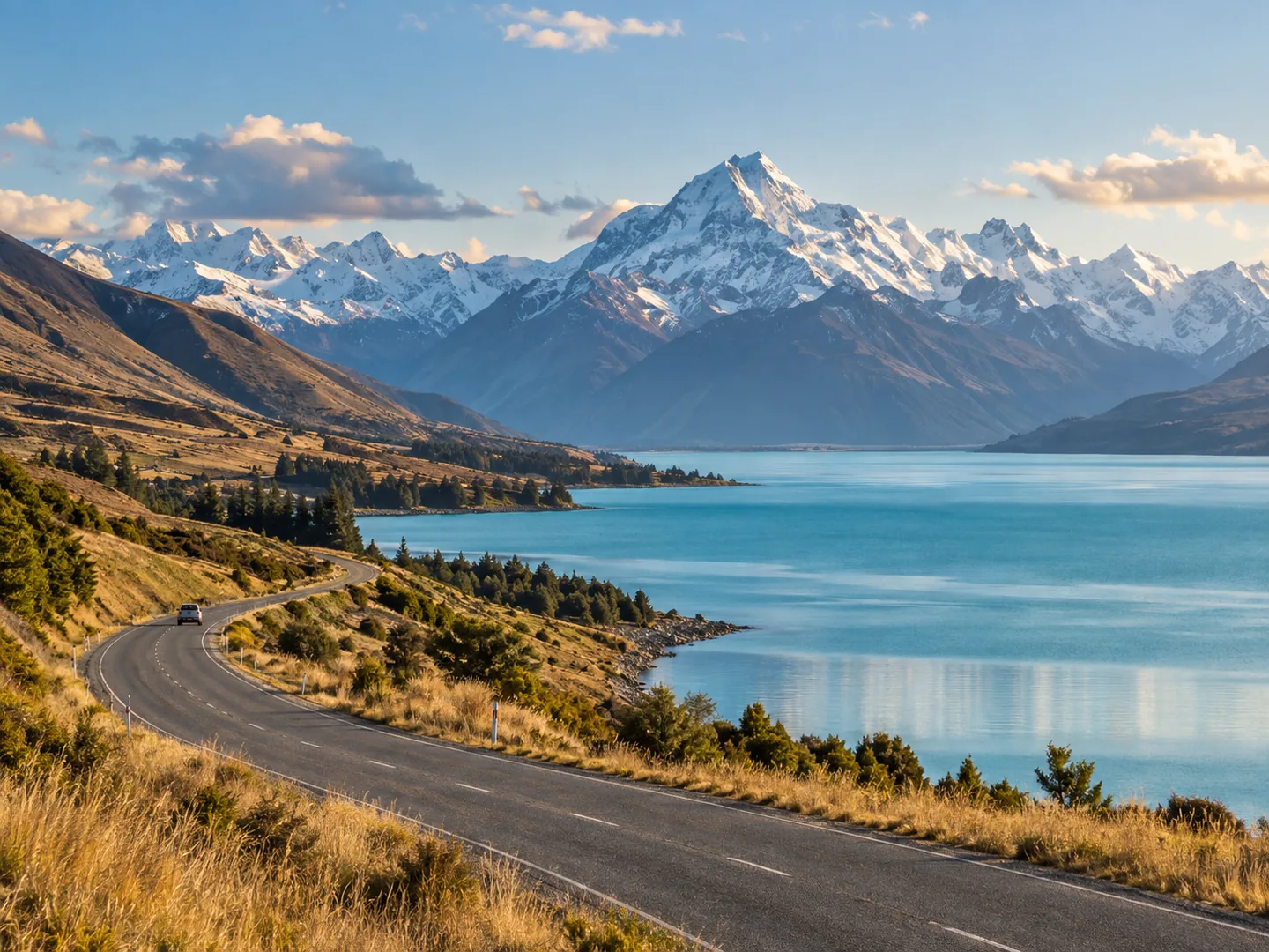 Lac turquoise et montagnes enneigées de l’île du Sud en Nouvelle-Zélande