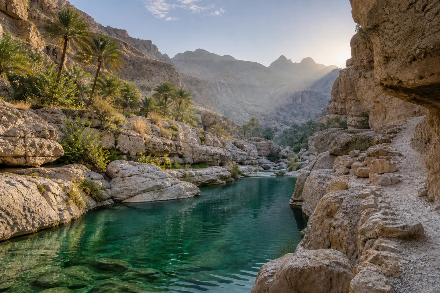Vasque émeraude et parois calcaires dans un wadi d’Oman au lever du jour