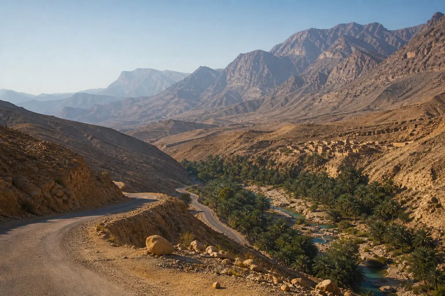 Route traversant les montagnes arides d’Oman