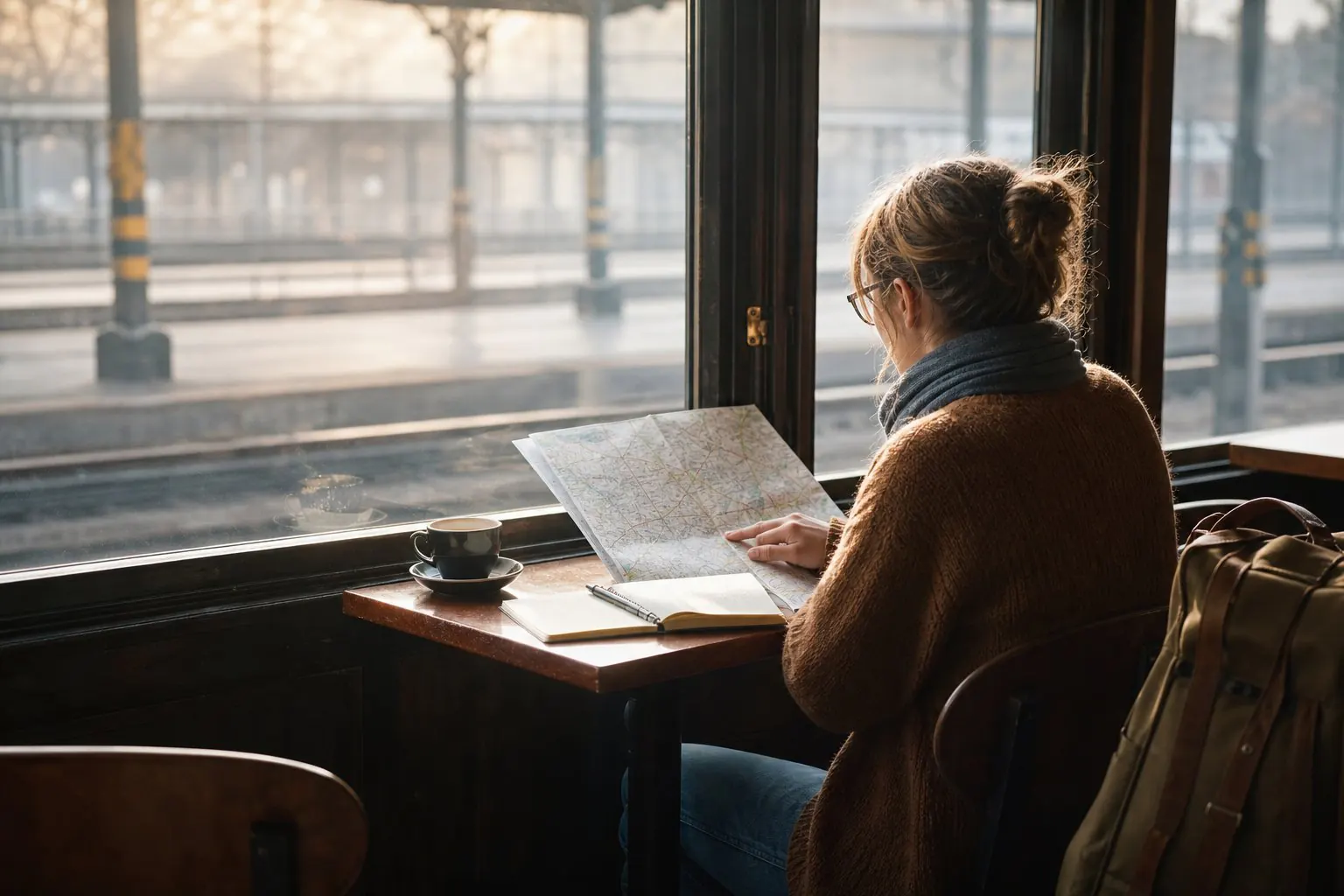 Voyageuse préparant son itinéraire dans un café de gare