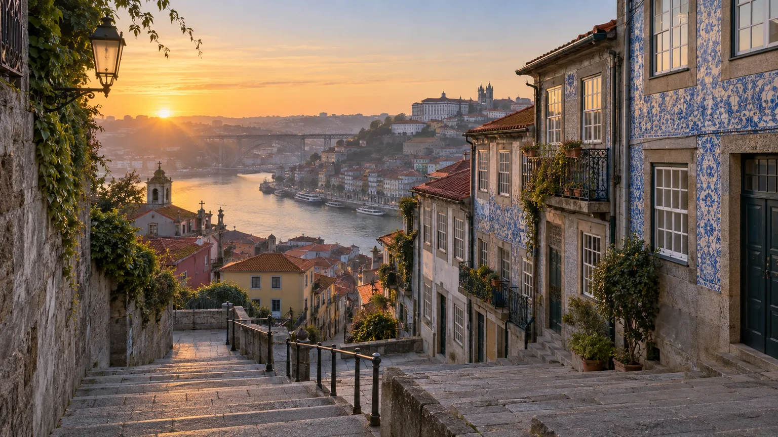 Rue en pente bordée de façades en azulejos avec vue sur le Douro à Porto au lever du jour