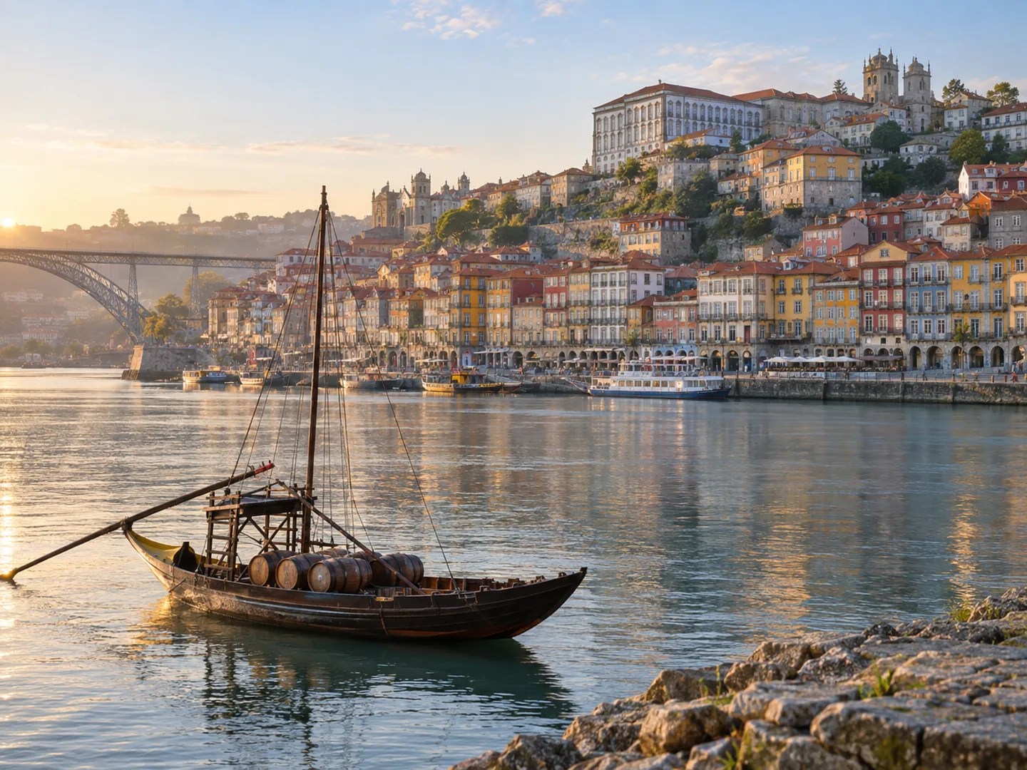 Bateau sur le Douro devant les maisons colorées de Porto