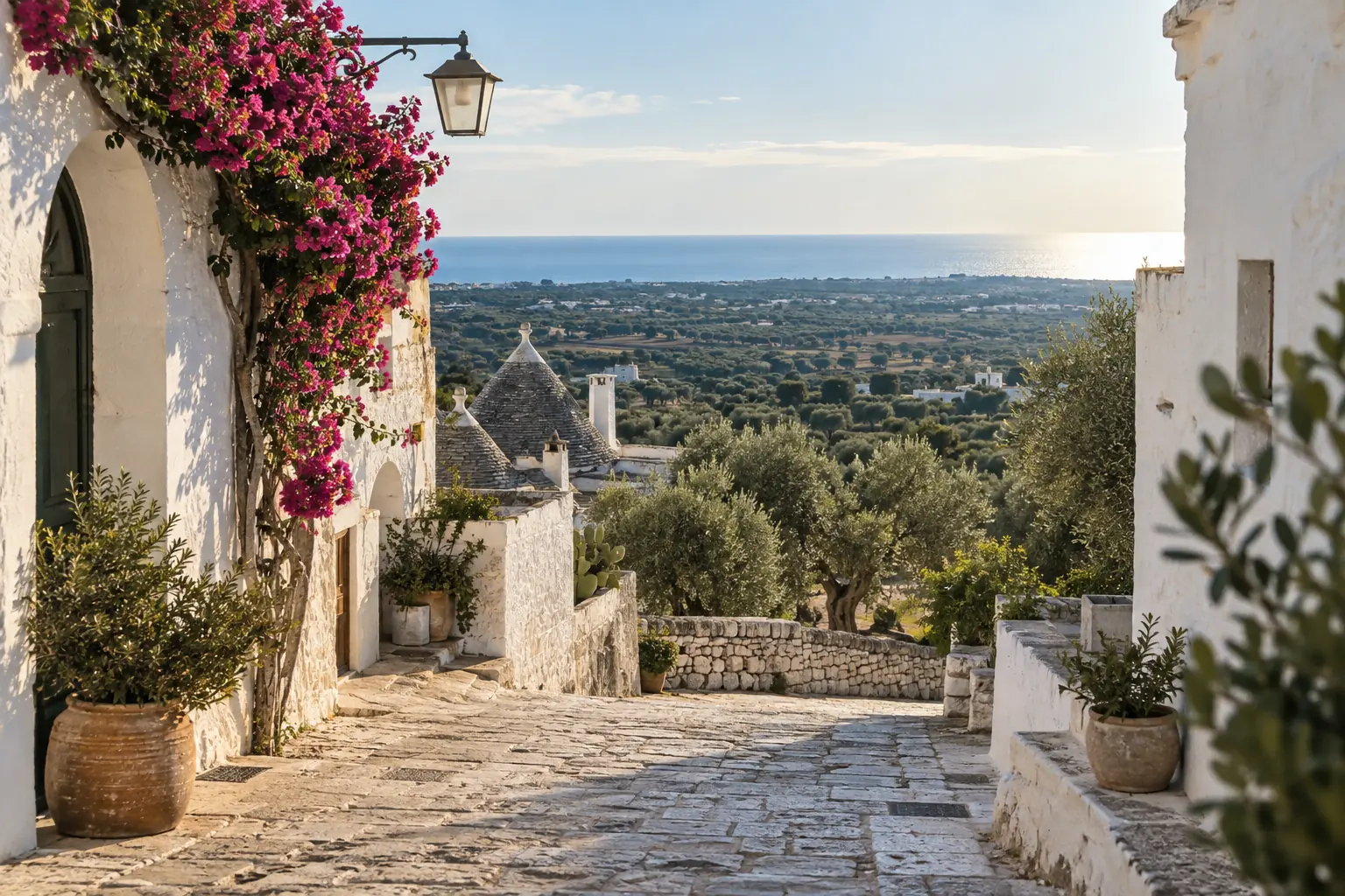 Ruelle blanche d’un village des Pouilles ouverte sur les oliveraies et l’Adriatique