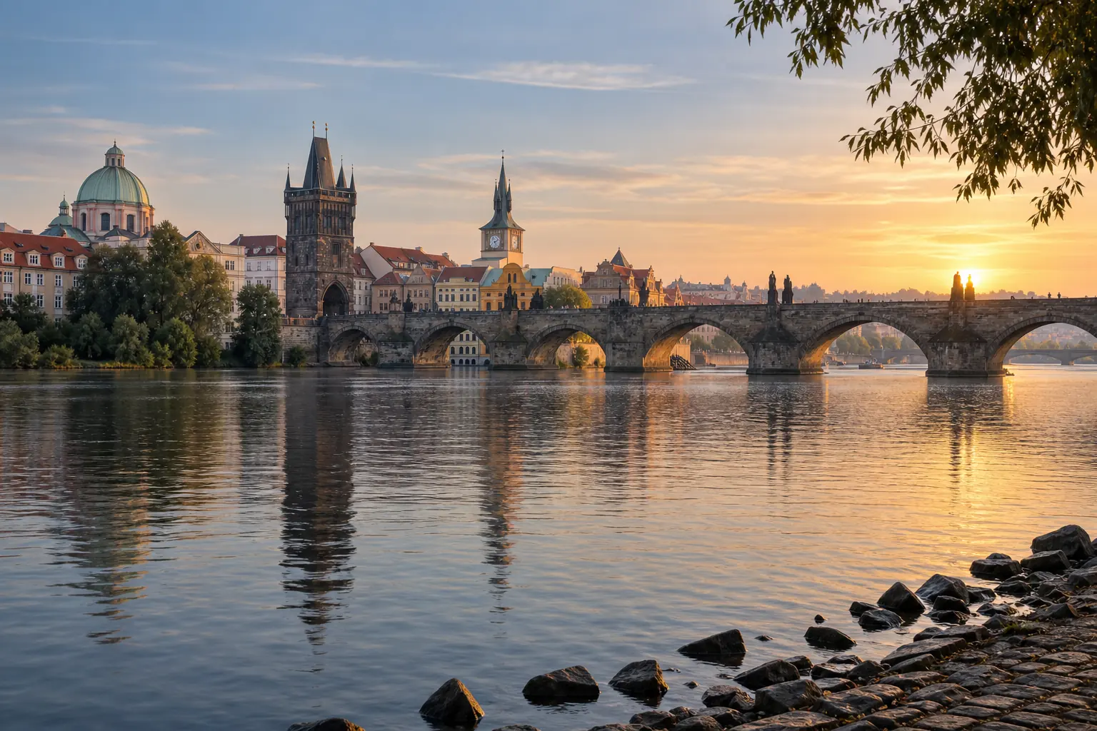 Pont Charles et toits historiques de Prague vus depuis les rives de la Vltava à l’aube