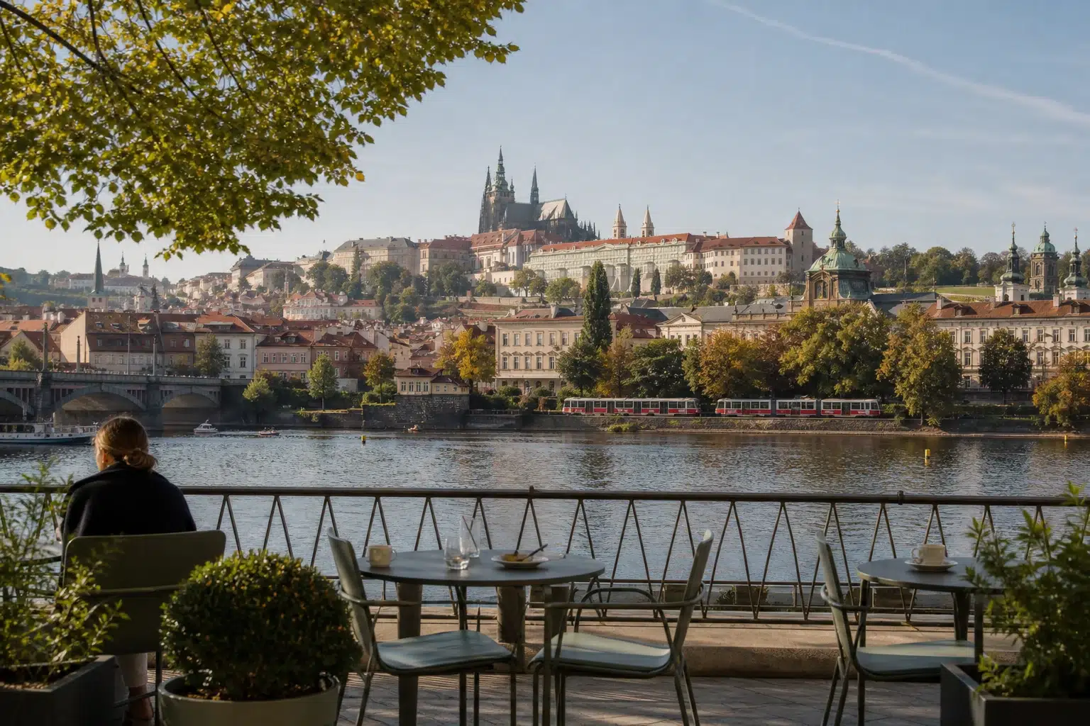 Vue sur les toits de Prague et les rives de la Vltava