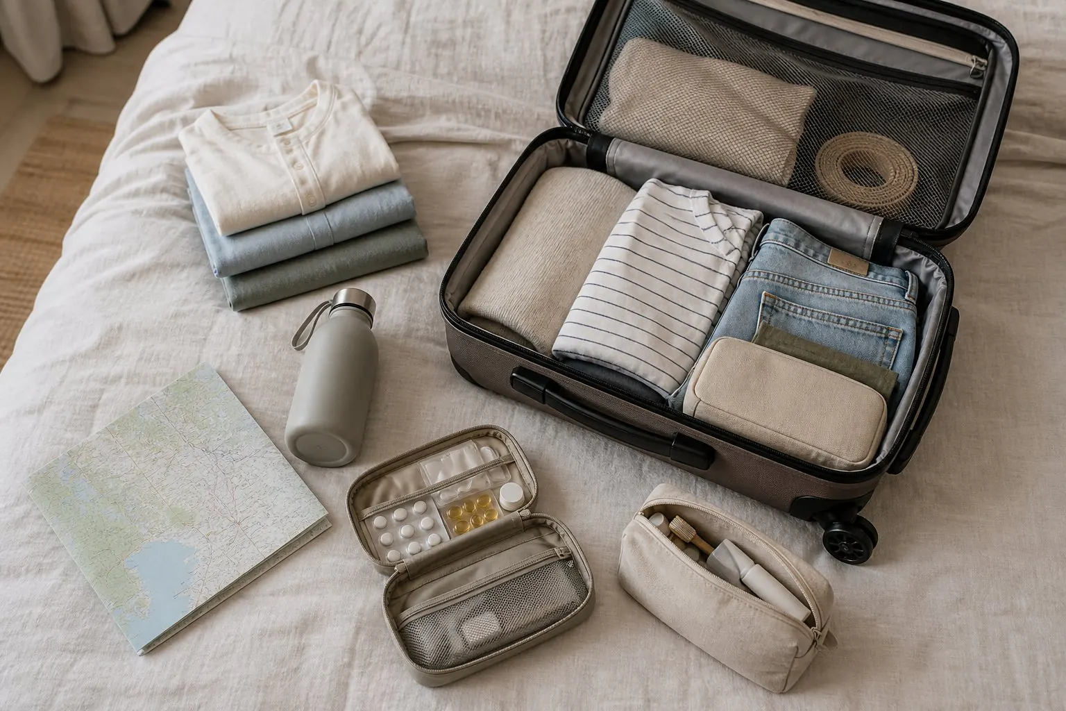 Valise ouverte et effets essentiels organisés avant un départ