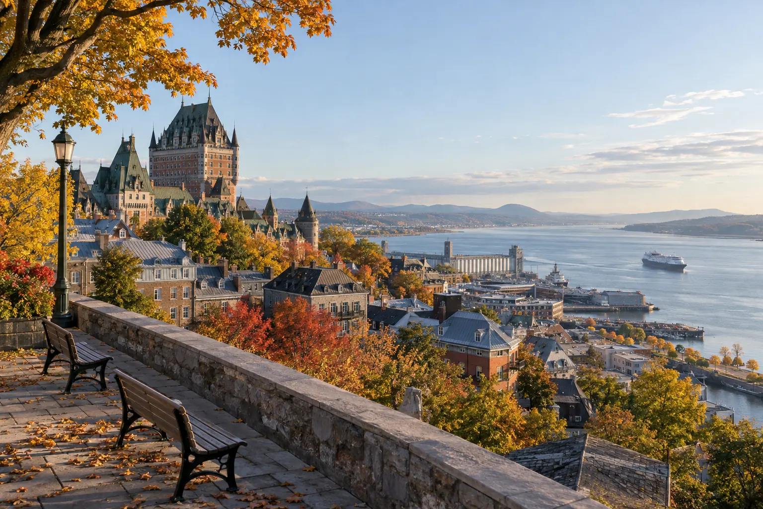 Toits du Vieux-Québec et fleuve Saint-Laurent encadrés par les érables d’automne