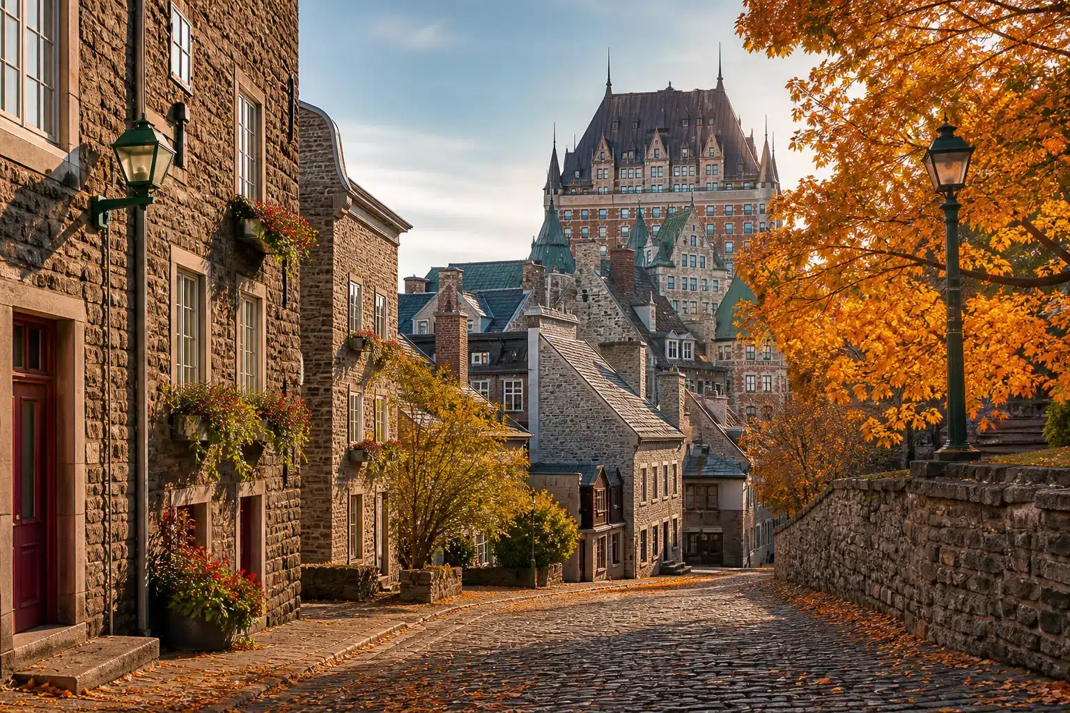 Rue pavée et maisons historiques du Vieux-Québec en automne