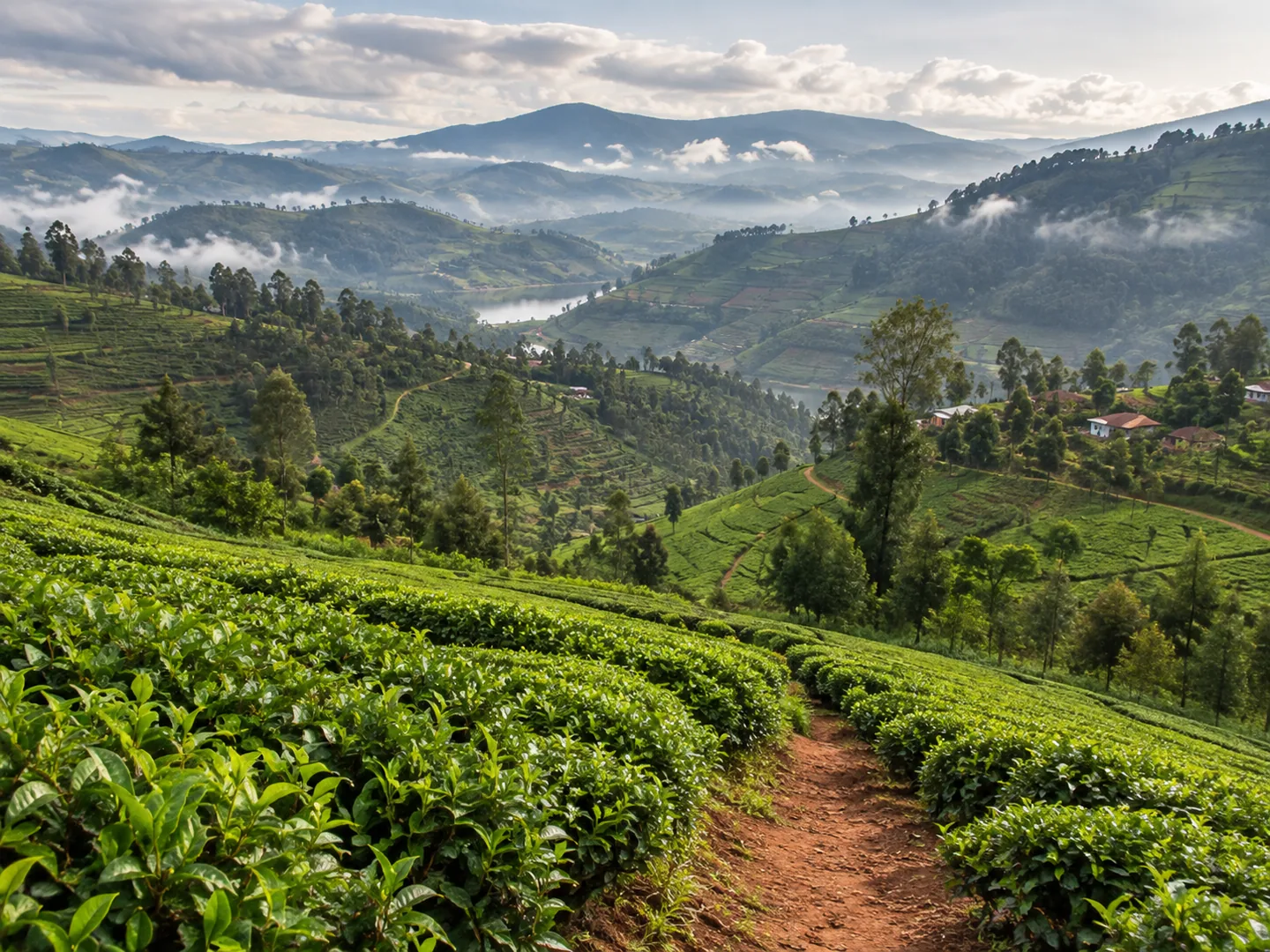 Sentier entre collines verdoyantes et plantations au Rwanda