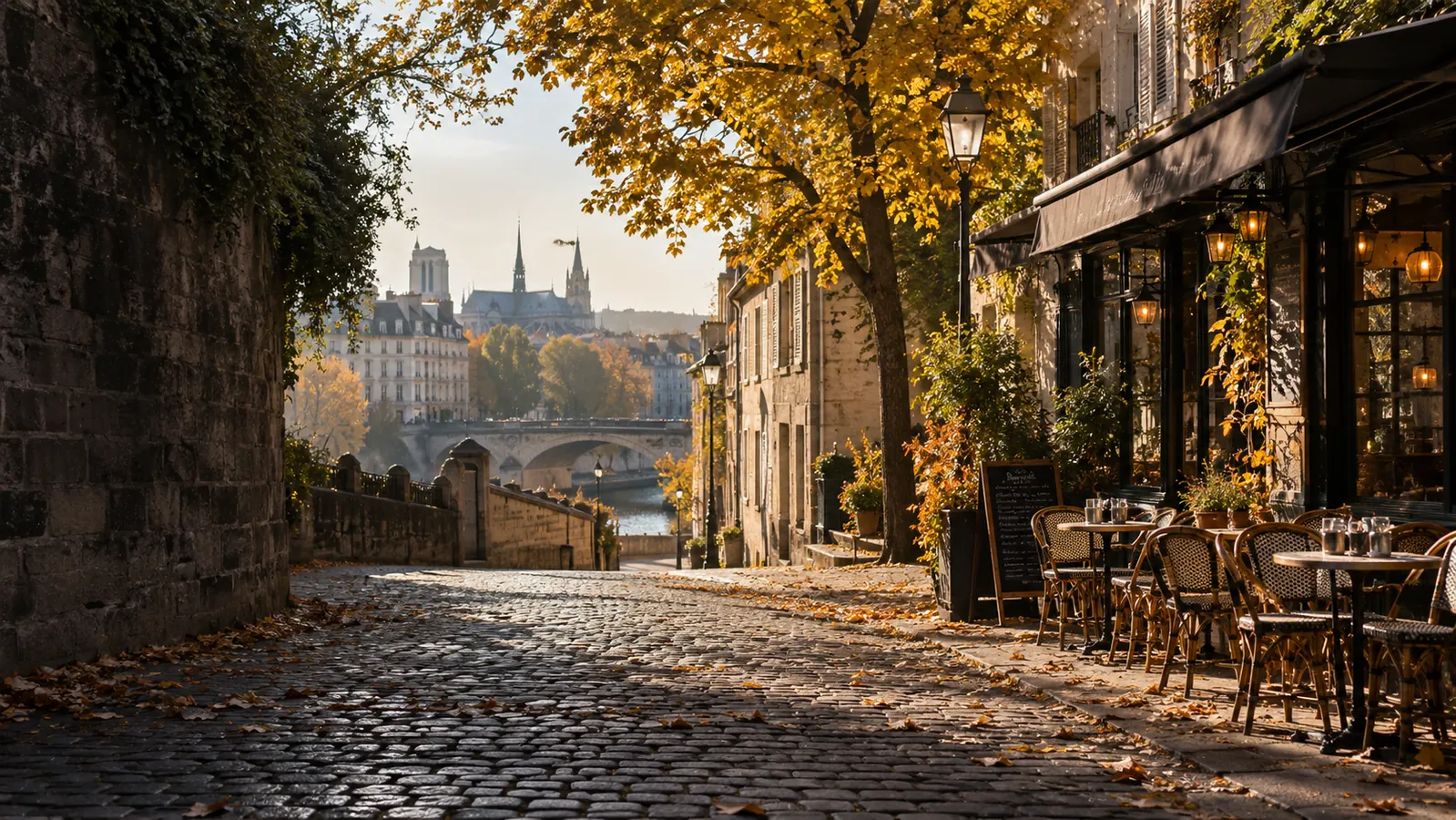 Rue pavée sous les feuilles dorées