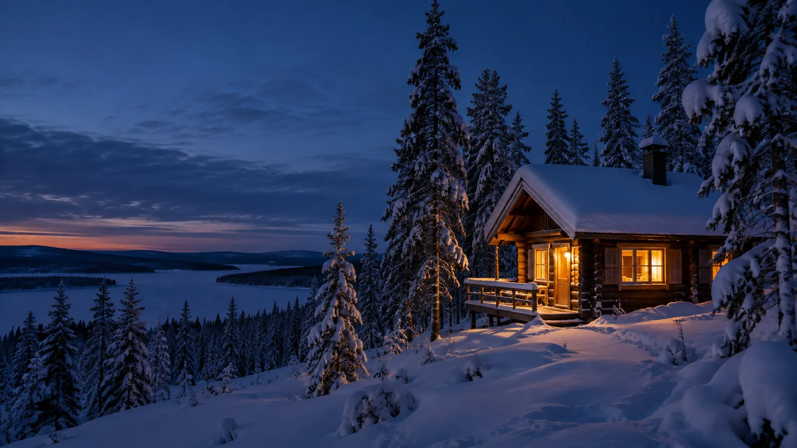 Chalet éclairé dans une forêt enneigée