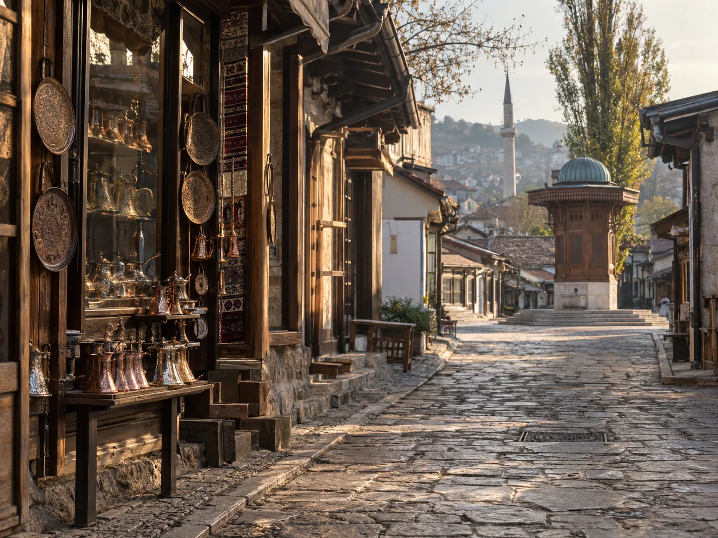 Ruelle pavée et échoppes du vieux Sarajevo