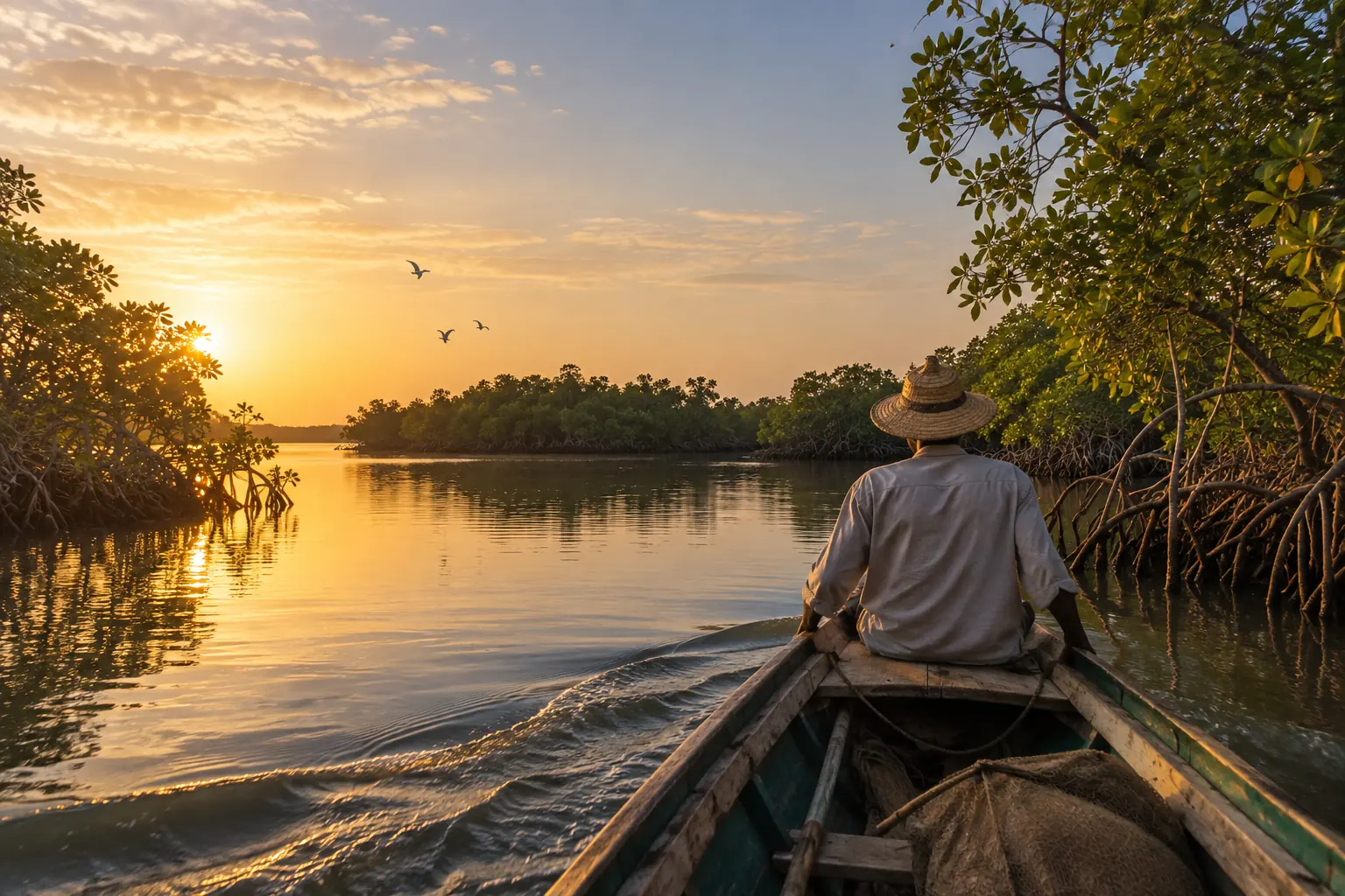 Pirogue colorée dans les bolongs du Sine-Saloum au Sénégal
