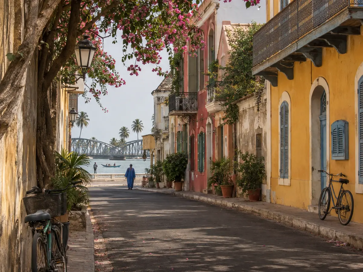 Rue colorée bordée de maisons près du littoral sénégalais