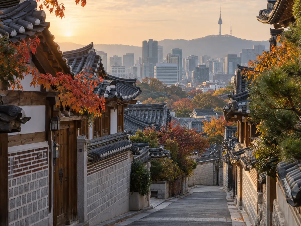 Ruelle traditionnelle et panorama urbain de Séoul en automne