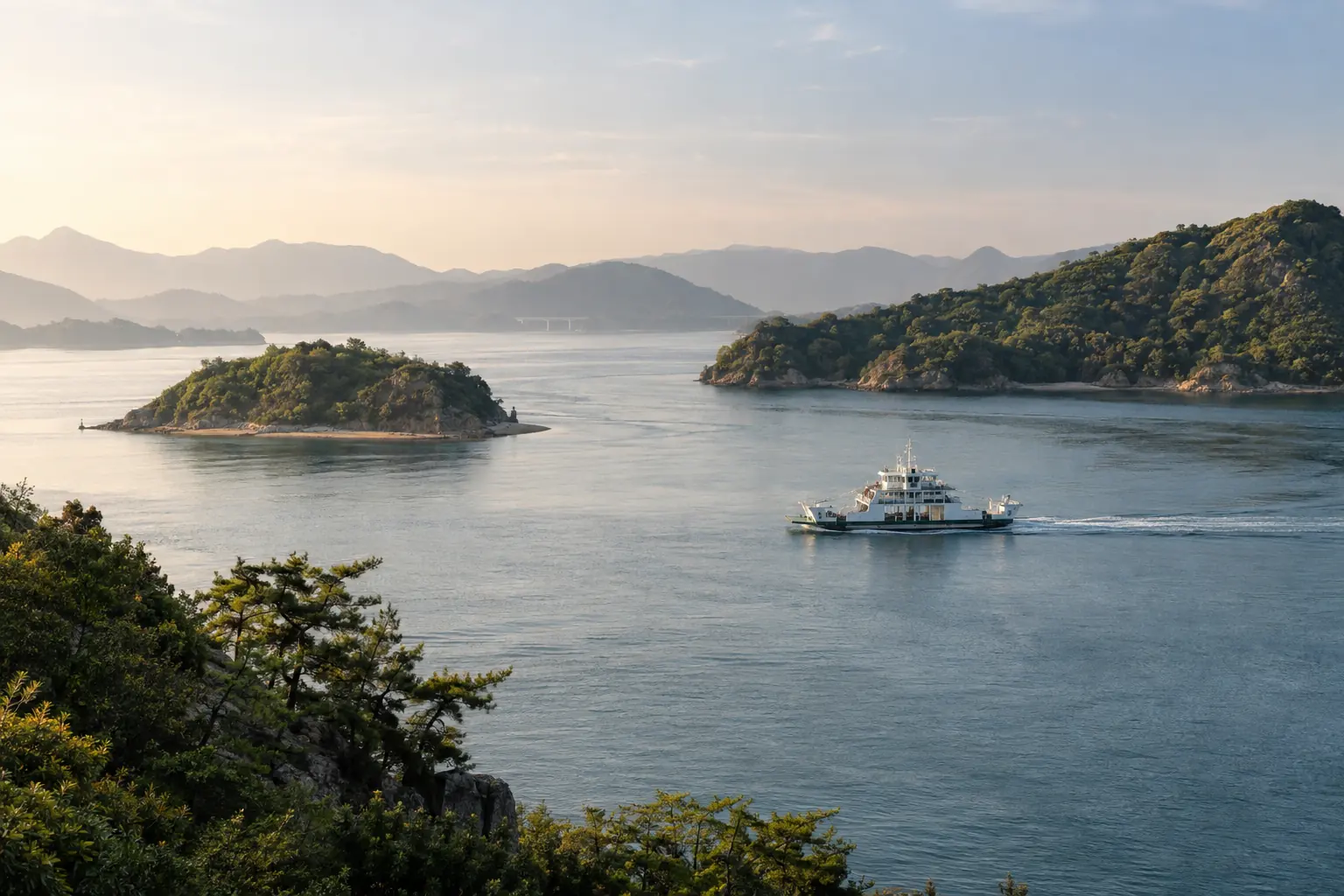 Ferry entre les îles verdoyantes de la mer intérieure de Seto dans la brume matinale