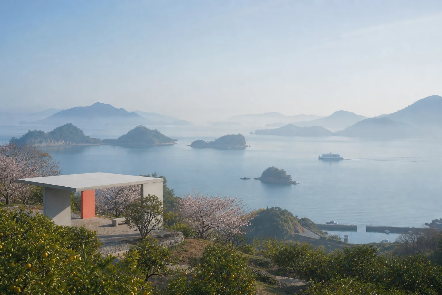 Îles de la mer intérieure du Japon vues depuis une terrasse