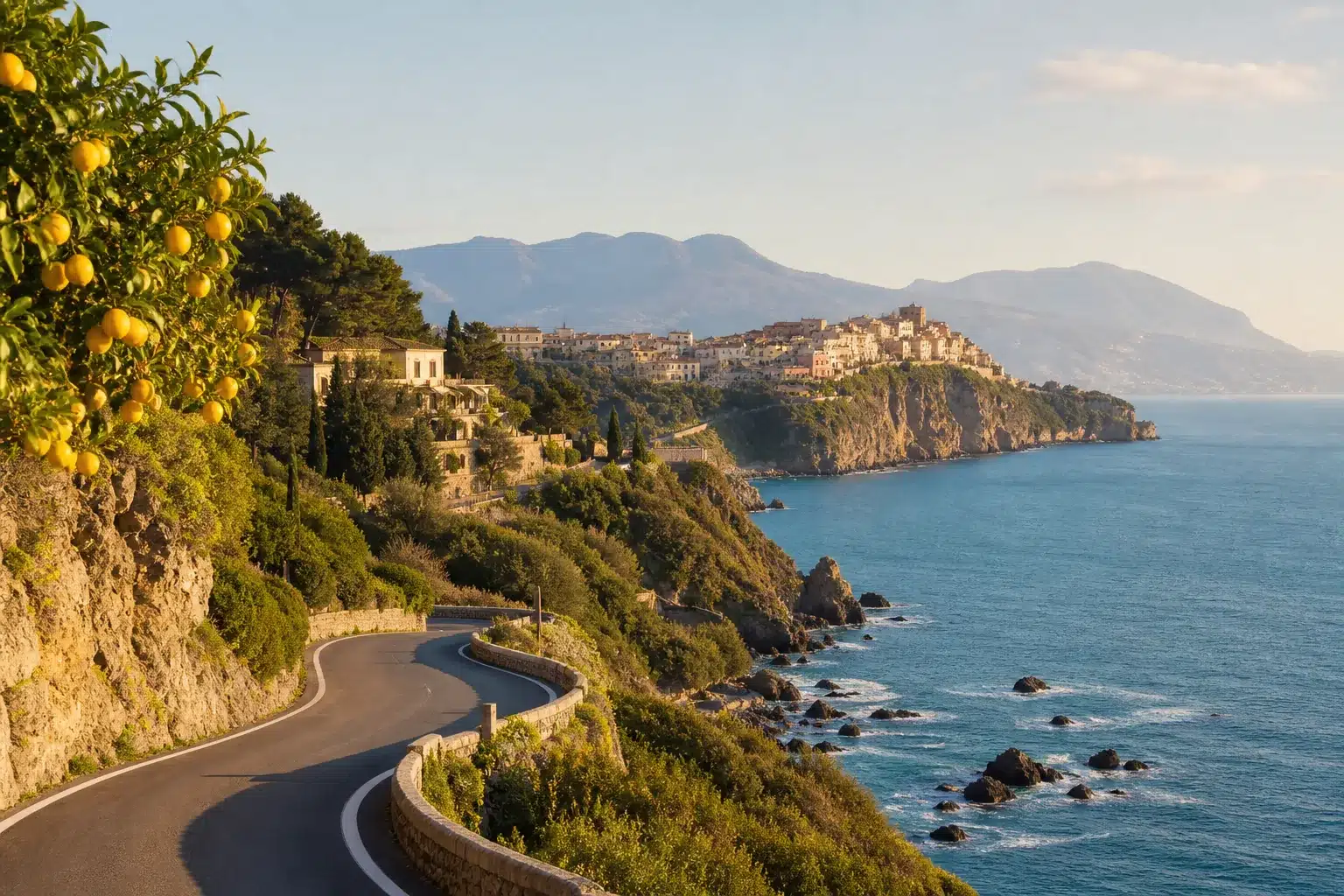 Route côtière sinueuse et village en bord de mer en Sicile