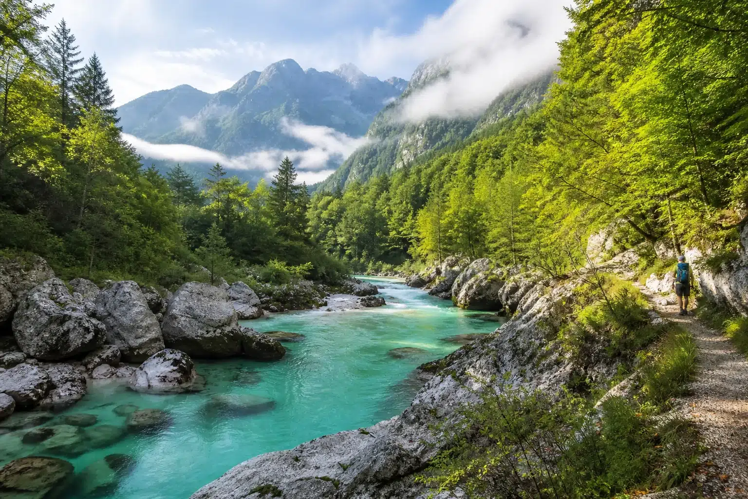 Rivière turquoise entre les pentes boisées de la vallée de la Soča