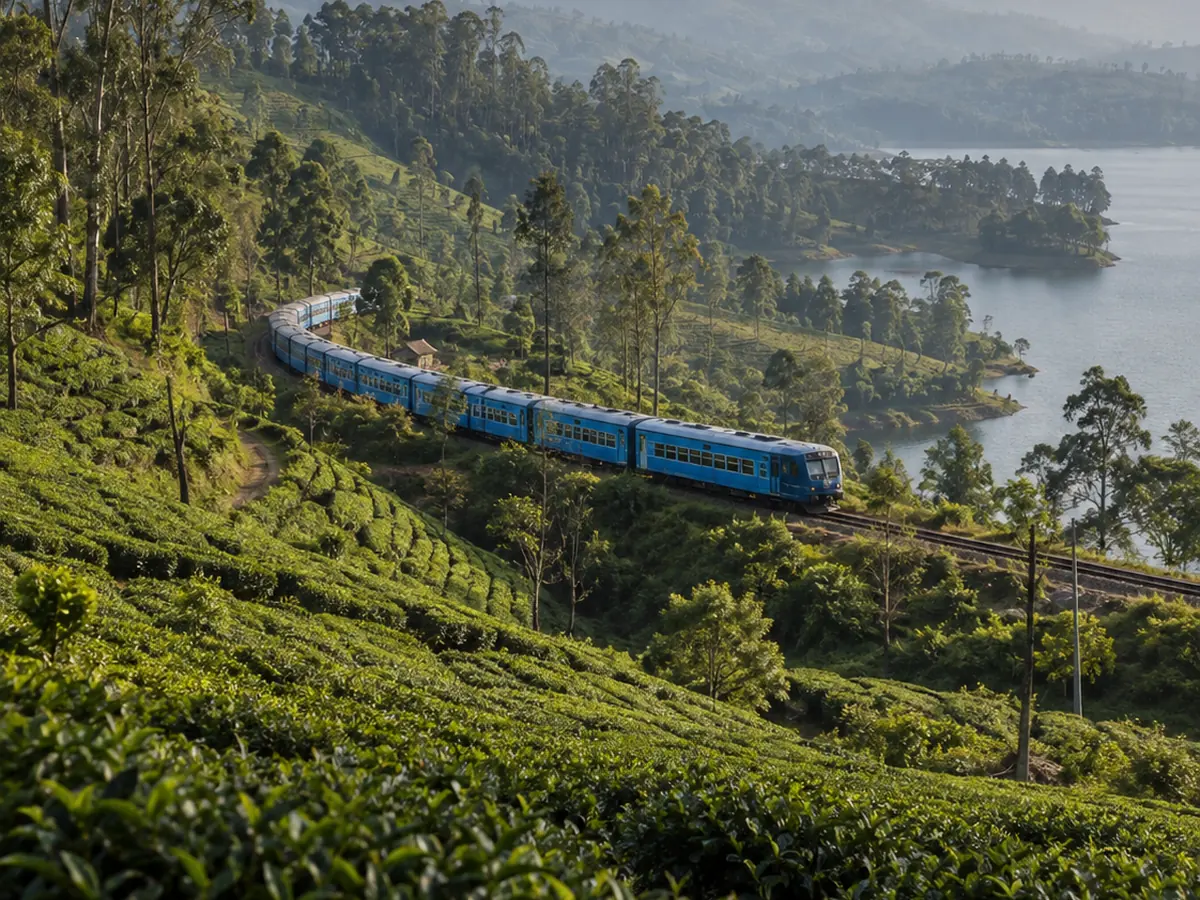 Train bleu traversant des plantations de thé au Sri Lanka