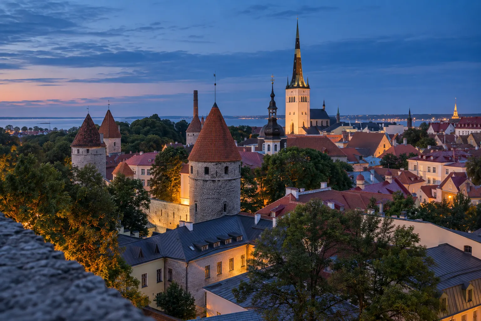 Toits et remparts de la vieille ville de Tallinn à l’heure bleue