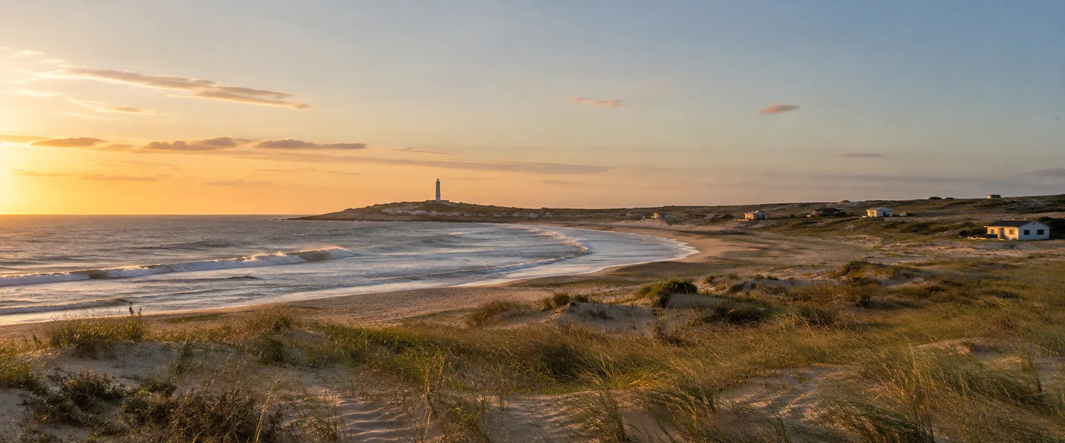Dunes, plage et phare sur la côte atlantique de Rocha en Uruguay au coucher du soleil