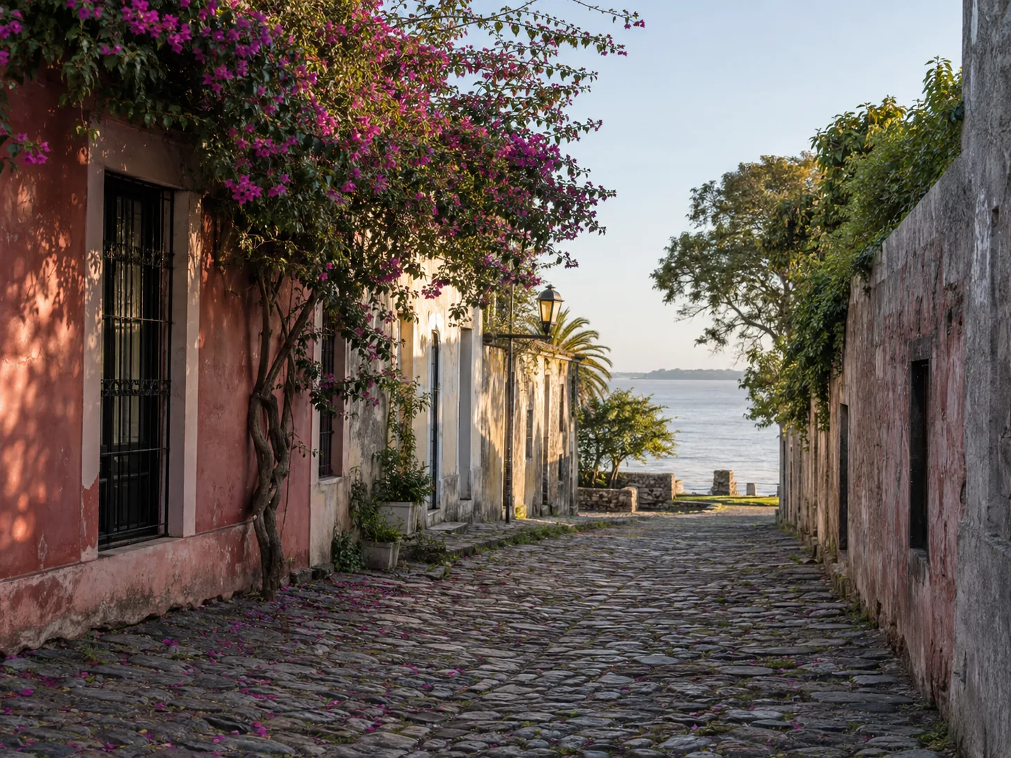 Ruelle pavée bordée de maisons colorées en Uruguay