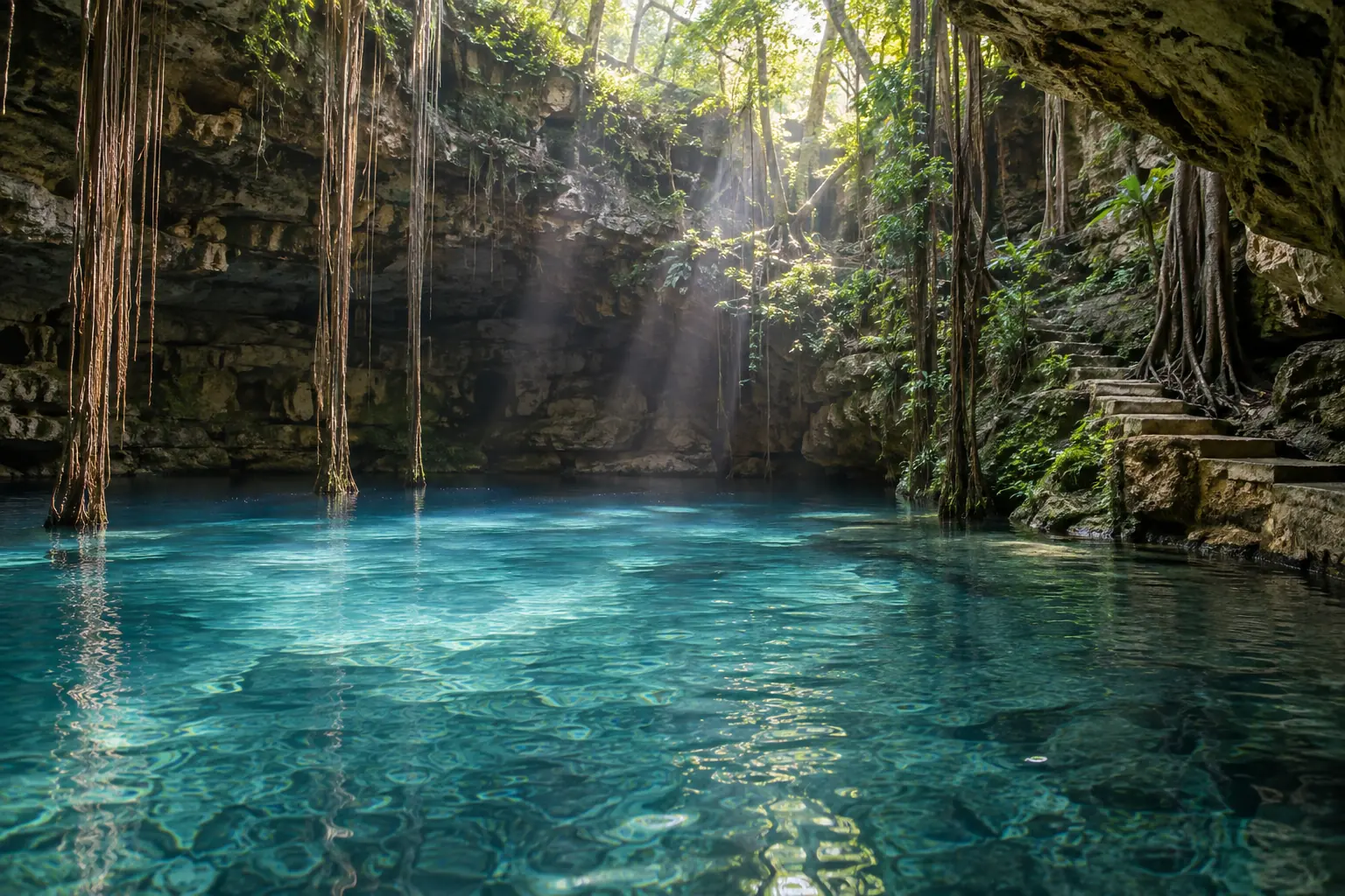 Cenote calcaire du Yucatán avec eau bleue et racines suspendues dans la lumière filtrée