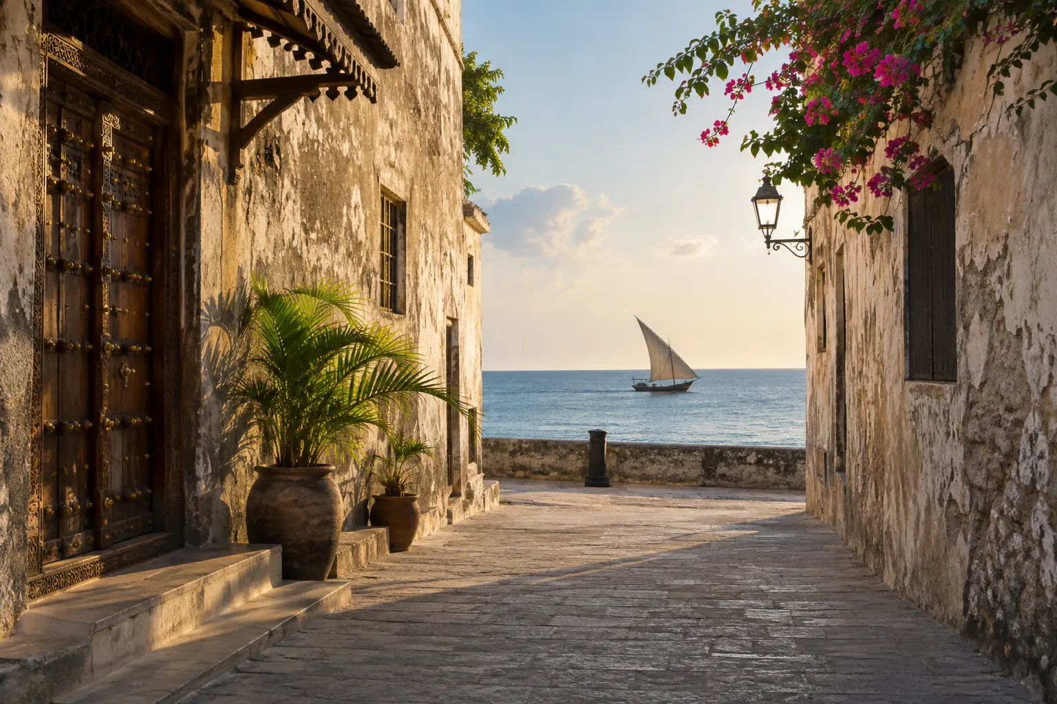Ruelle en pierre de Stone Town ouverte sur l’océan Indien et une voile de boutre